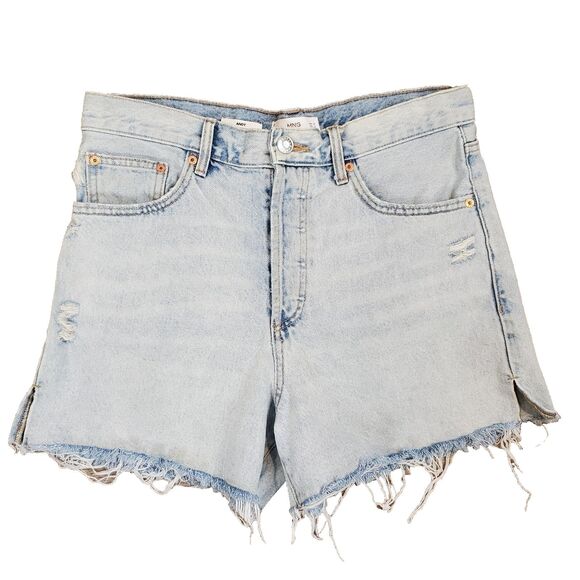 Mango MNG Denim Andy Jean Shorts High Rise Frayed Light Wash 6 Slit Preppy Beach - Picture 1 of 12